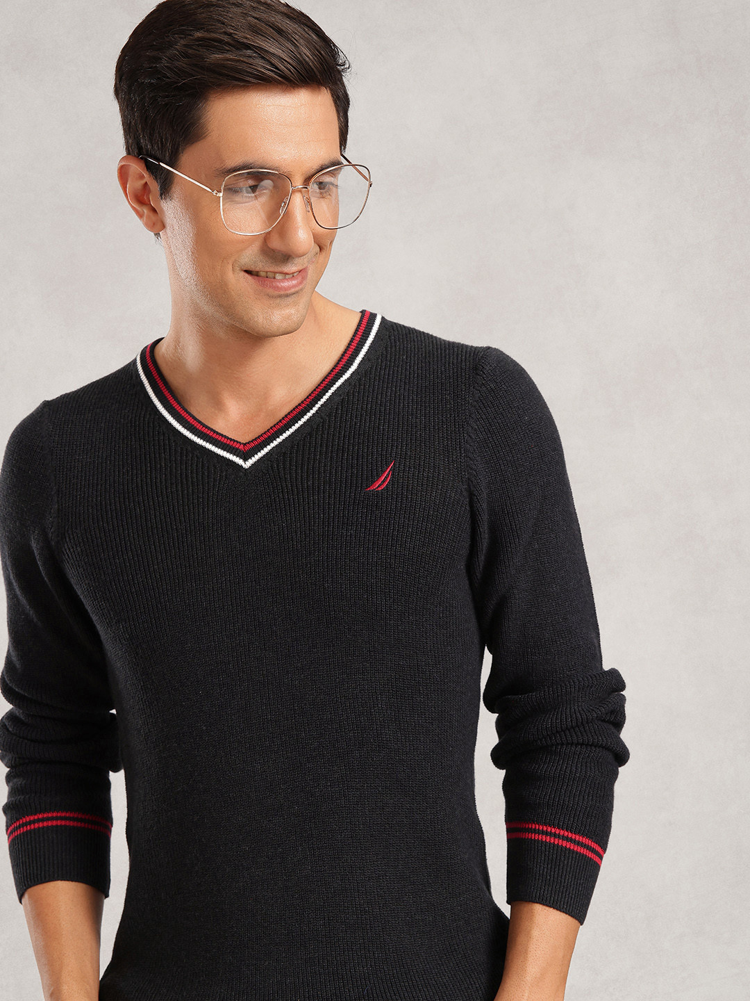 Nautica Ribbed V-Neck Pure Cotton Pullover