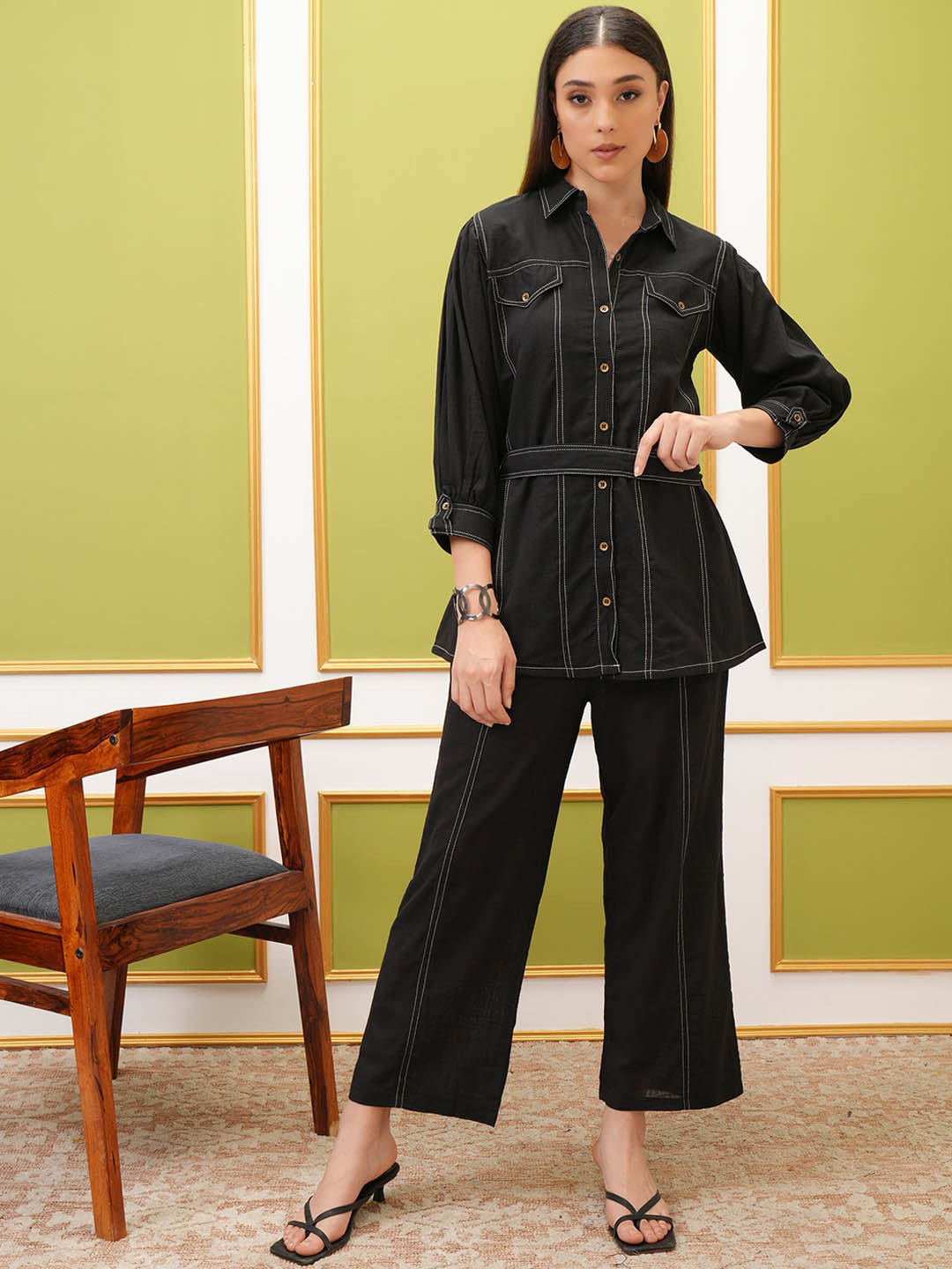 Vishudh Black Pure Cotton Shirt With Trouser