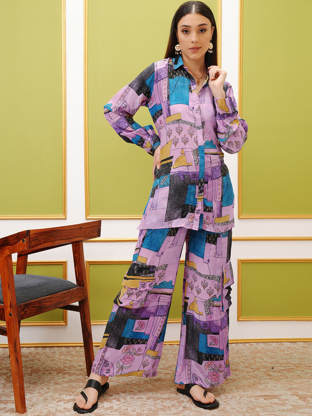 Vishudh Purple Printed Long Sleeves Shirt With Trouser