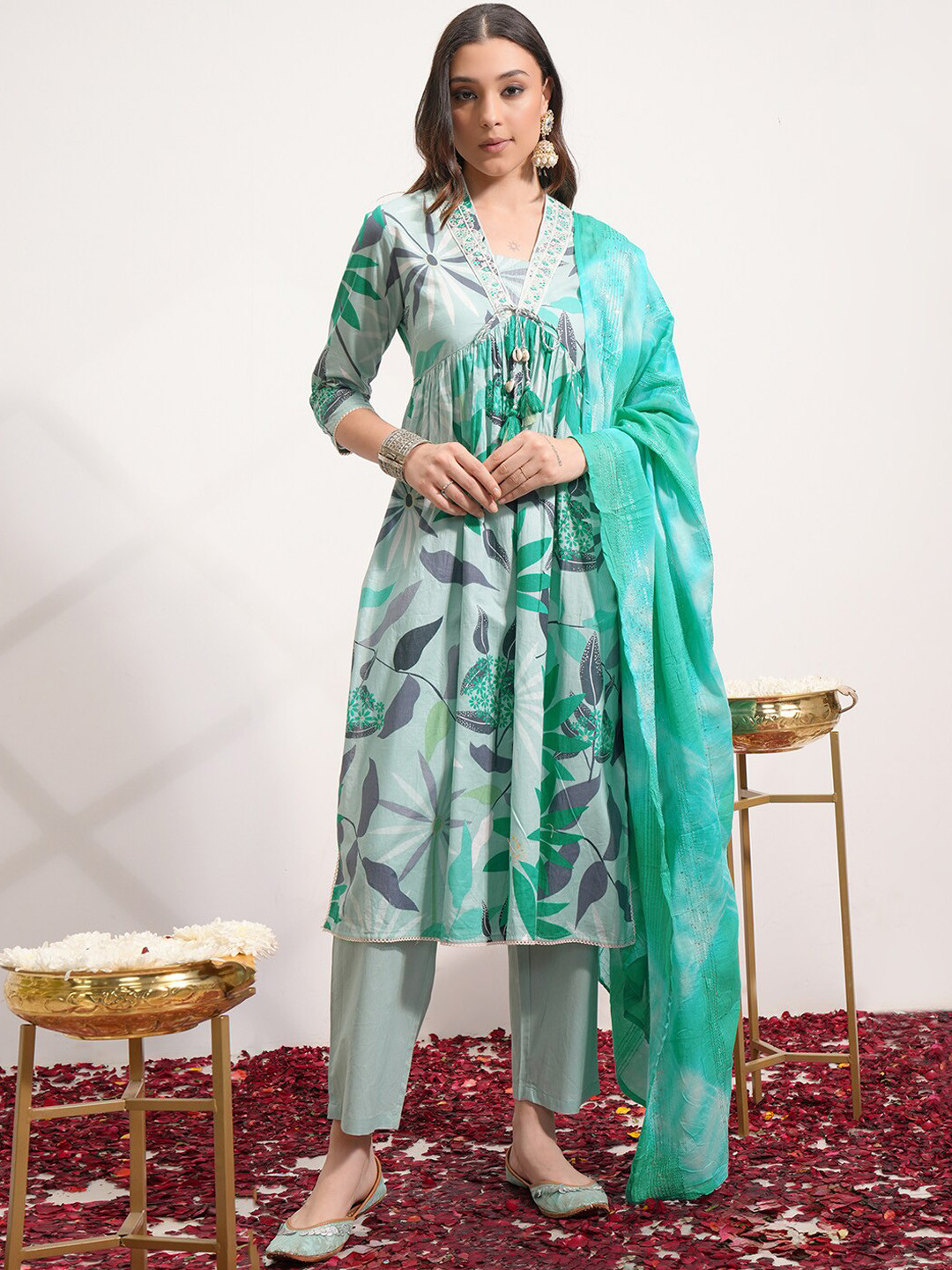 Vishudh Green & Grey Floral Printed Thread Work Pure Cotton Kurta with Trousers & Dupatta