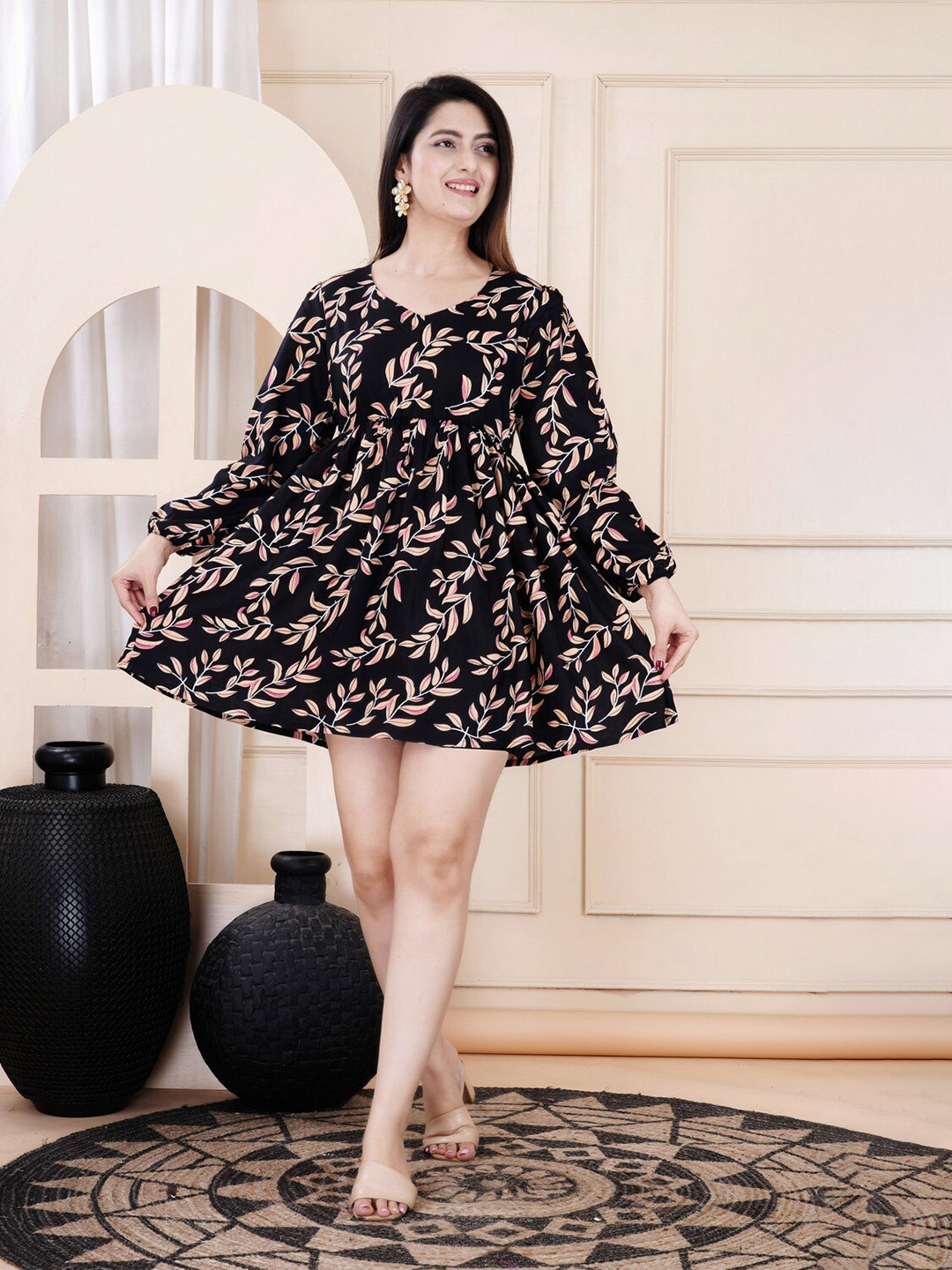 MANOJAVA Floral Printed V-Neck Long Sleeves A-Line Dress