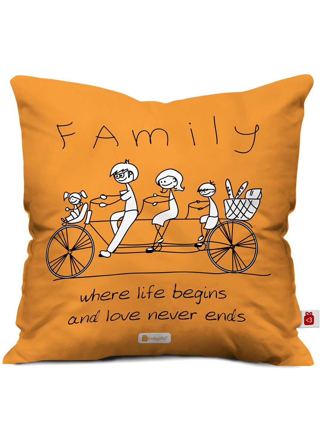 Indigifts Orange-Colored Family Love Never Ends Quote Printed Cotton Cushion With Filler