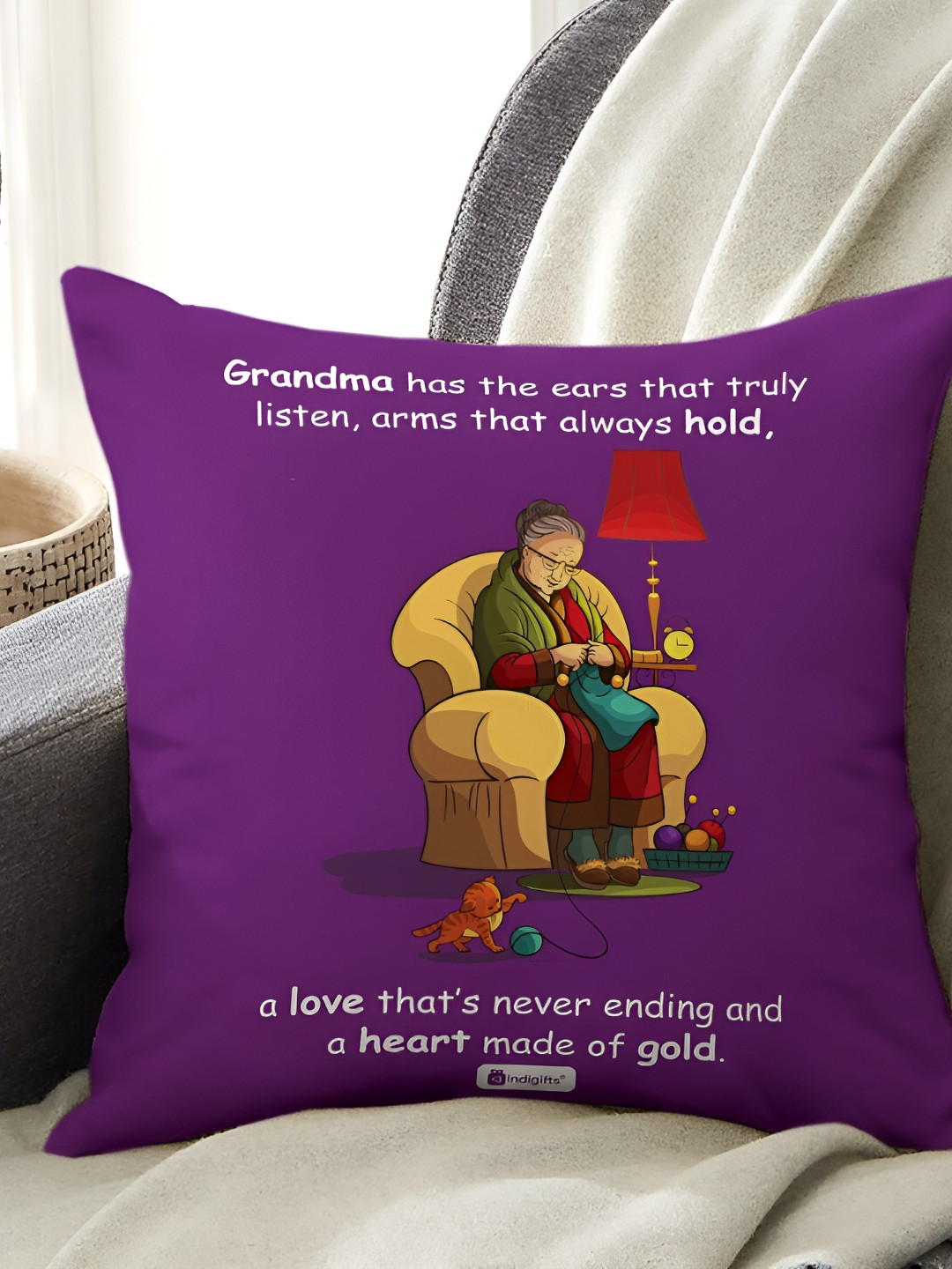 Indigifts Purple & White Printed Cotton Pre-Filled Cushion