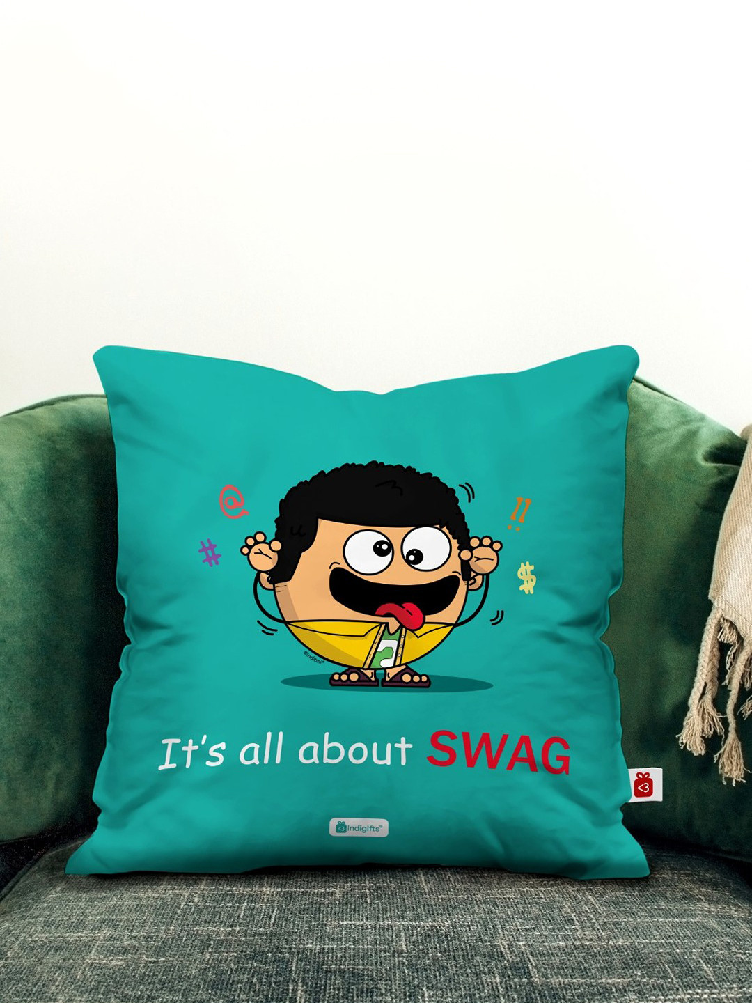 Indigifts Teal-Green & Black Printed Fibre Satin Cushion Cover With Filler