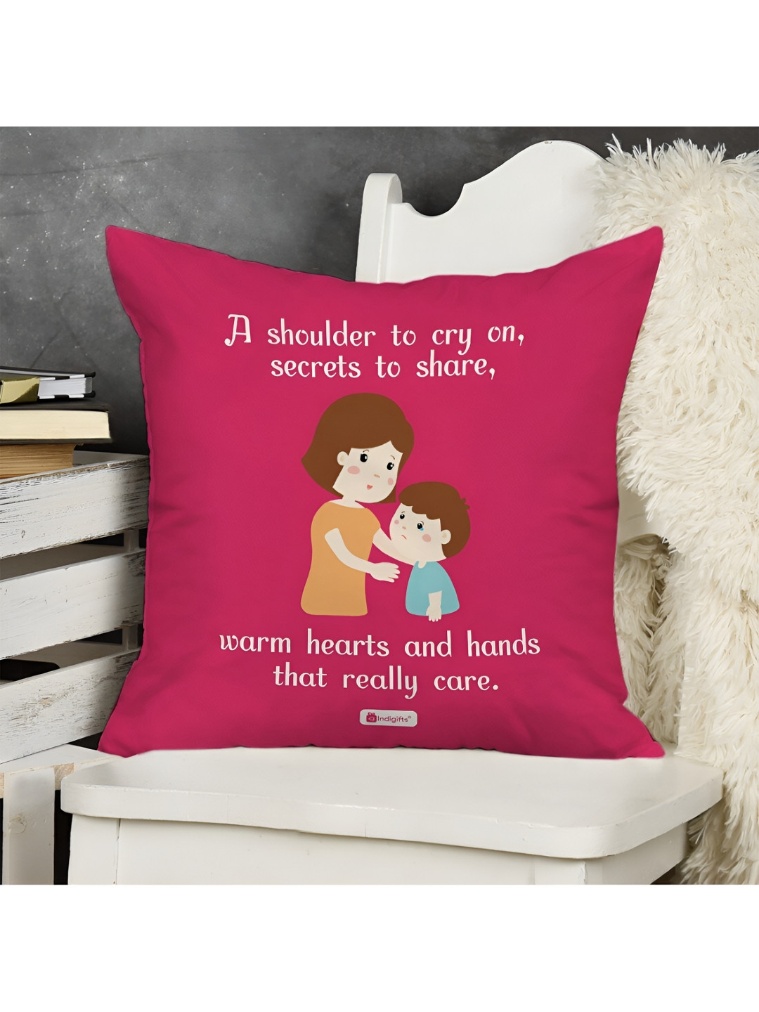 Indigifts Dark Pink & White Mothers Day Mom and Son-Printed Pre-Filled Cushion