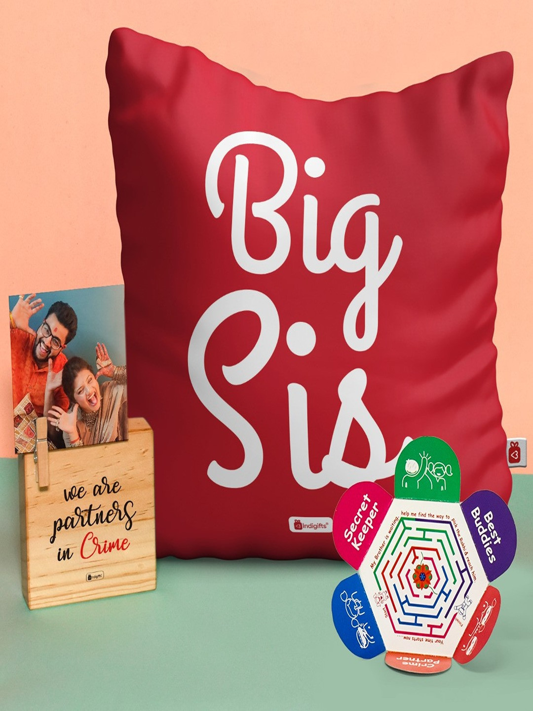 Indigifts Red Big Sis Printed Satin Filled Cushion With Filler