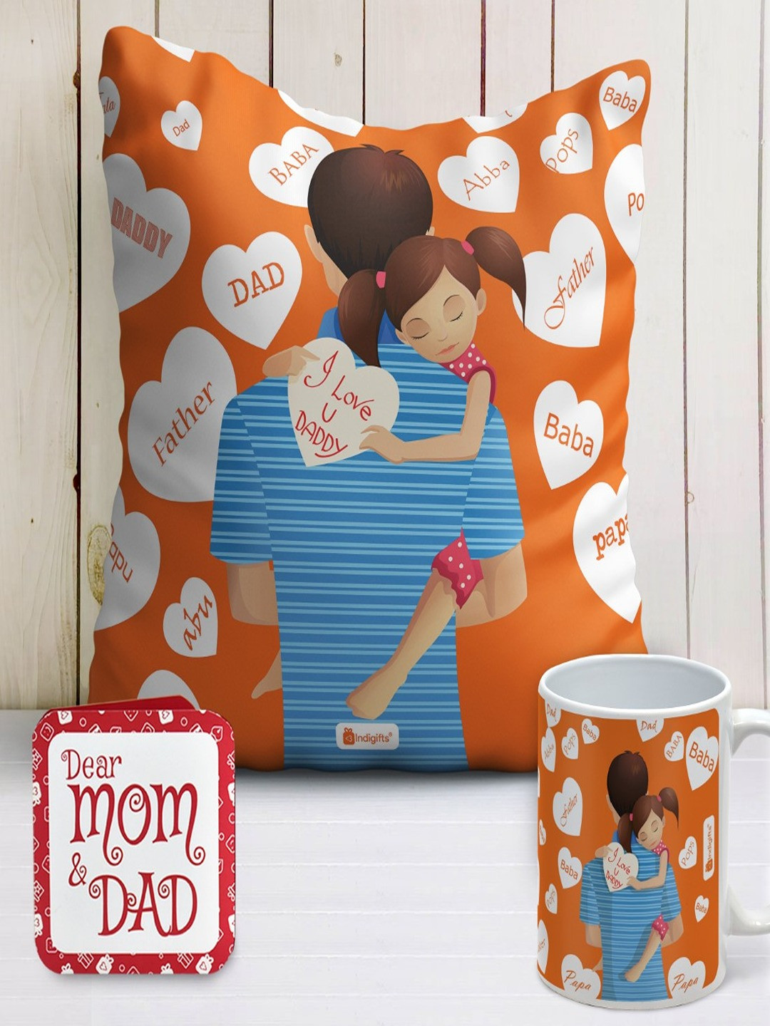 Indigifts Orange & Blue Printed Cushion Cover with Filler & Coffee Mug Gift Set