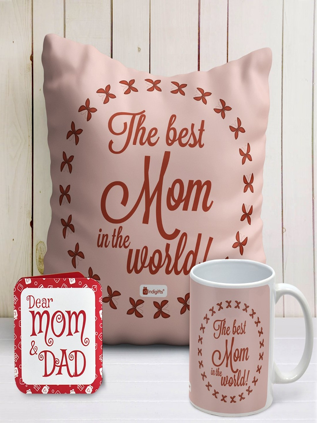 Indigifts Red & Pink Printed Square Cushions With Fillers & Ceramic Mug