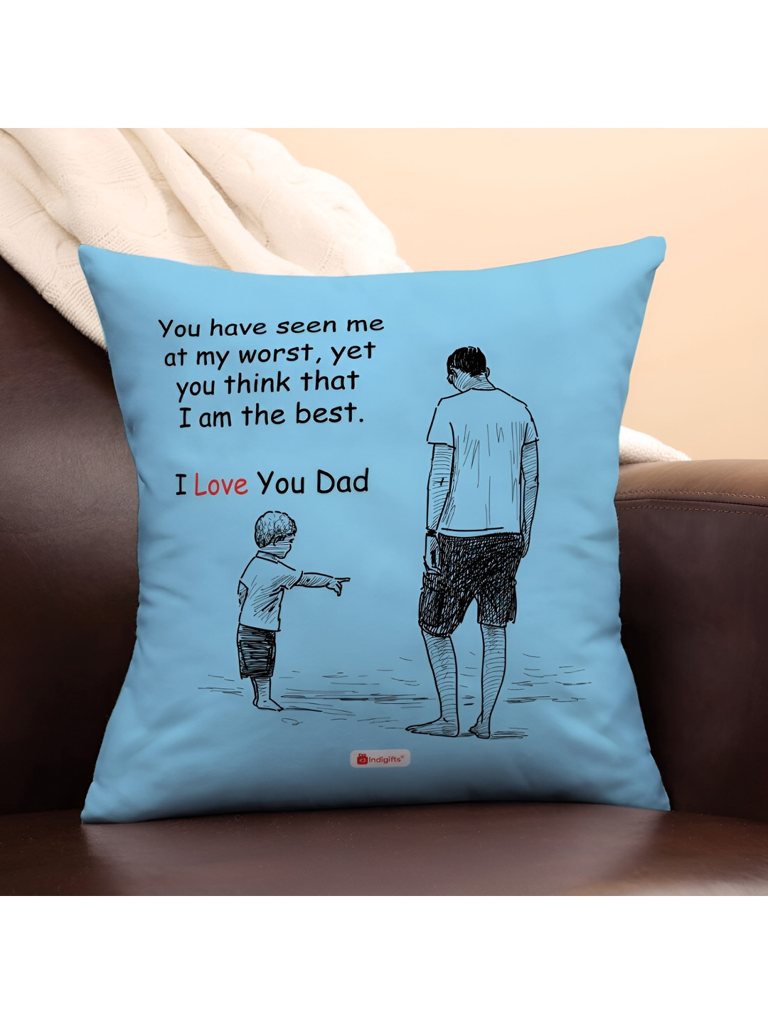 Indigifts Blue & Black Dad Anniversary Gift Printed Cotton Cushion With Filler