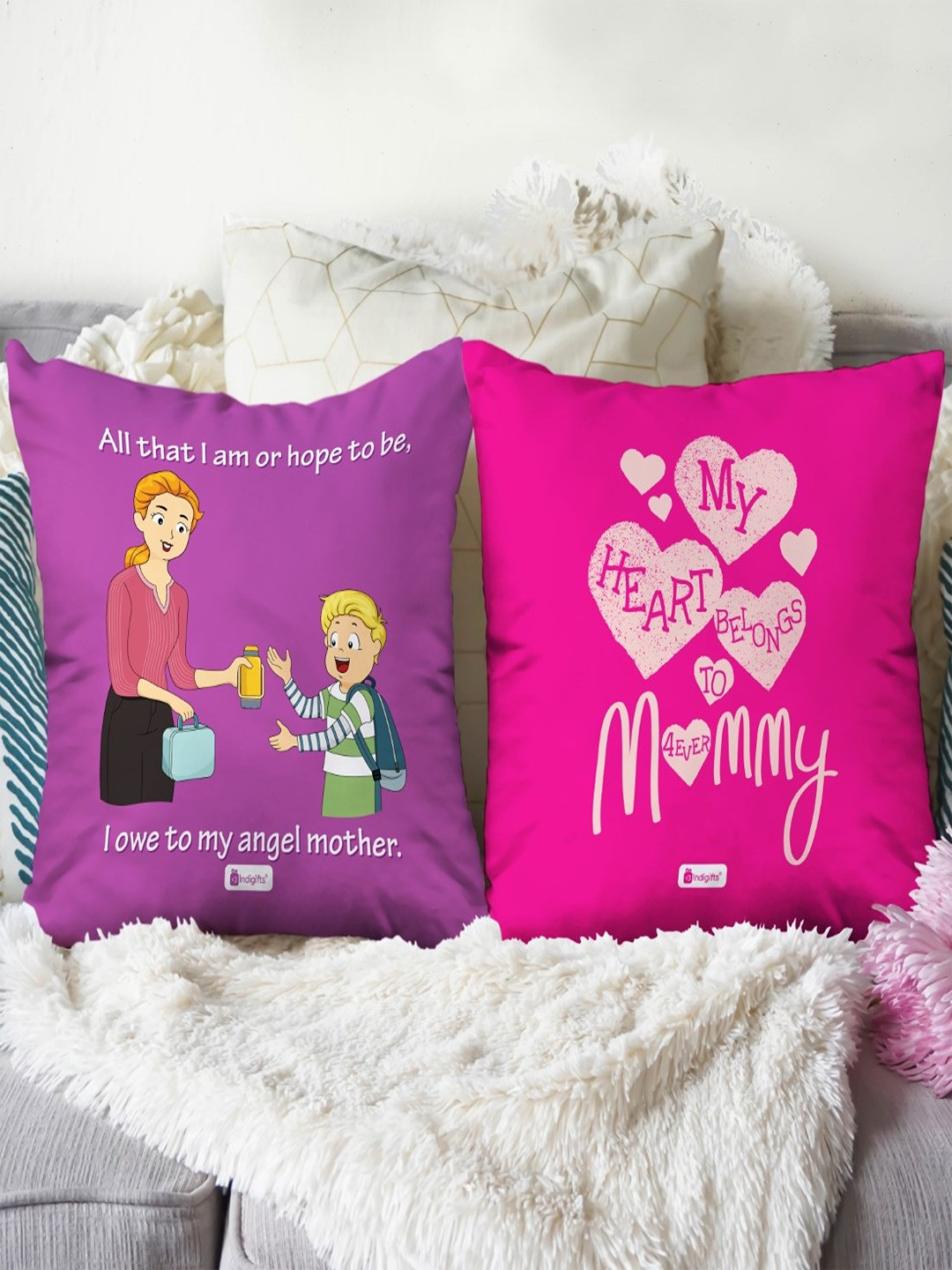 Indigifts Purple & Pink 2 Pieces Printed Cotton Pre-Filled Cushions