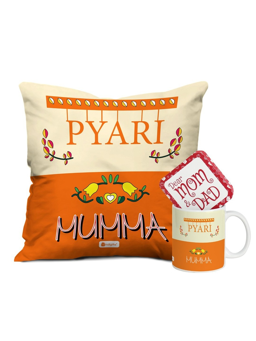 Indigifts Orange & Blue Printed Cushion Cover with Filler & Coffee Mug Gift Set