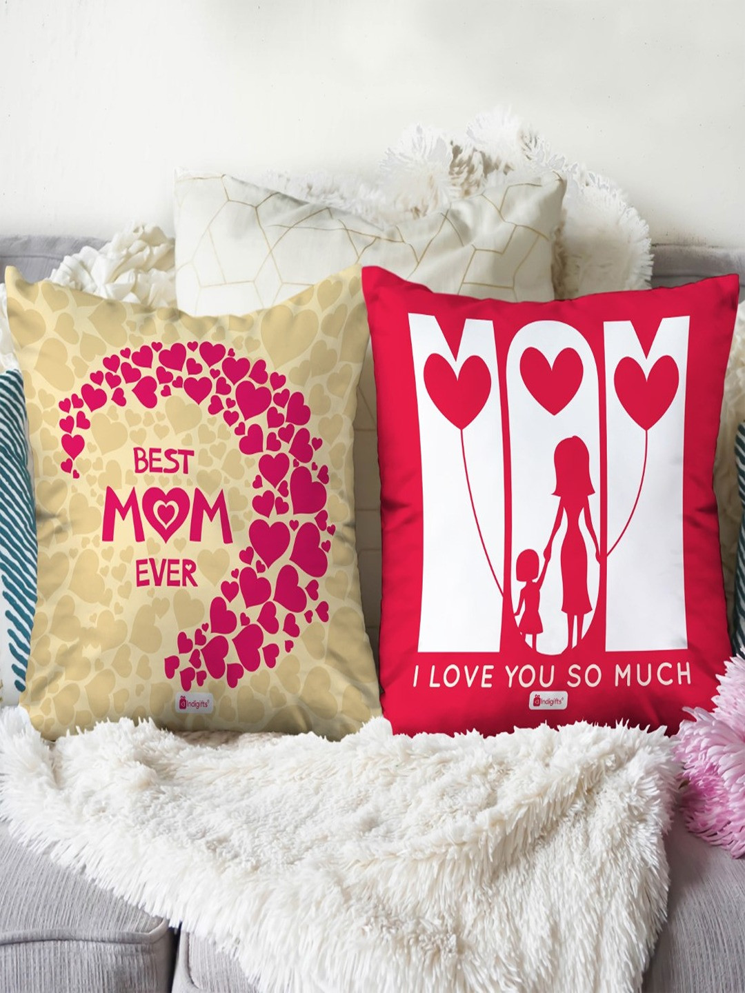 Indigifts Beige & Red 2 Pieces Printed Cotton Square Cushions With Filler