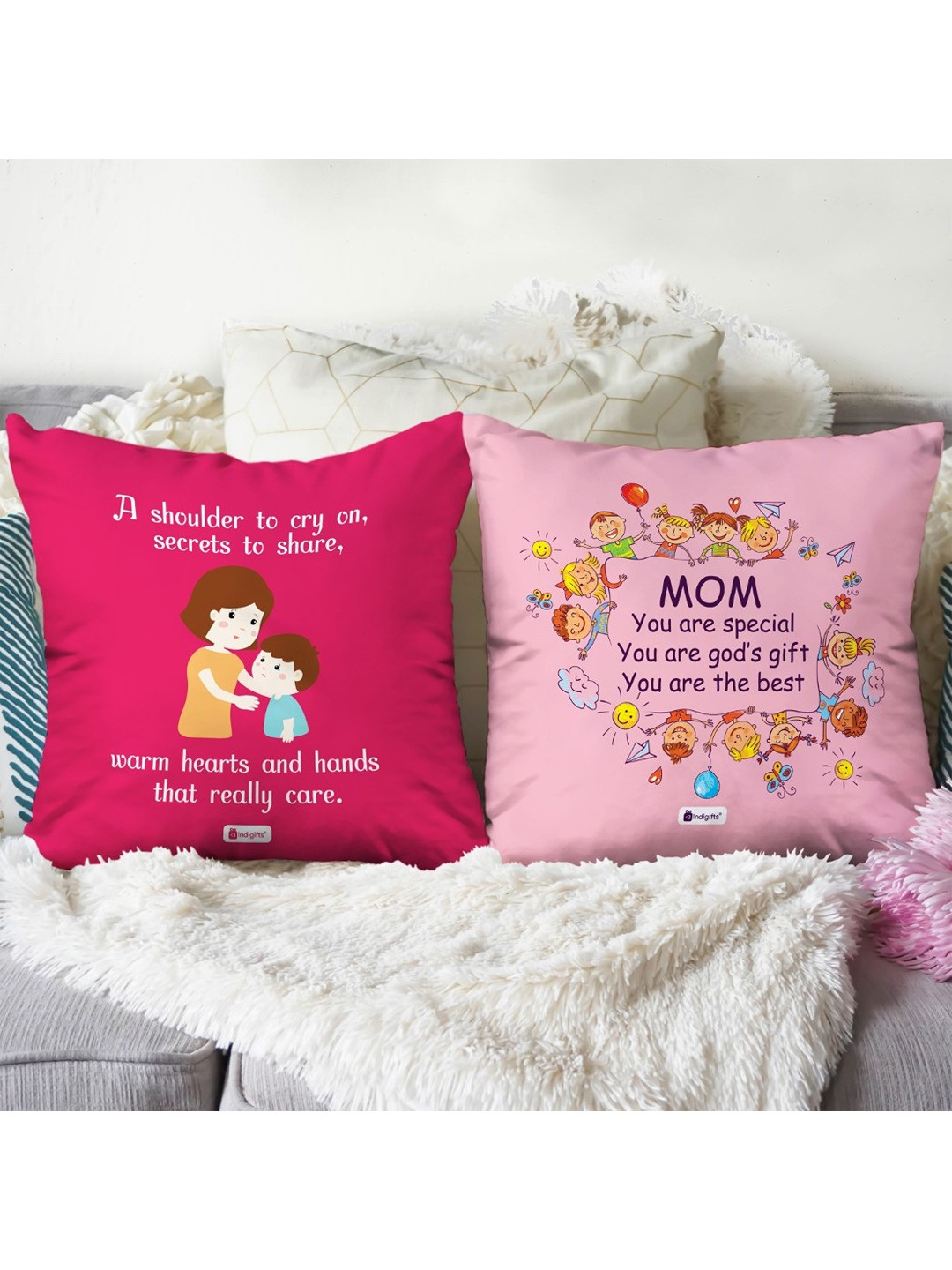 Indigifts Grey & Coffee Brown 2 Pieces Printed Fiber Pre Filled Cushions