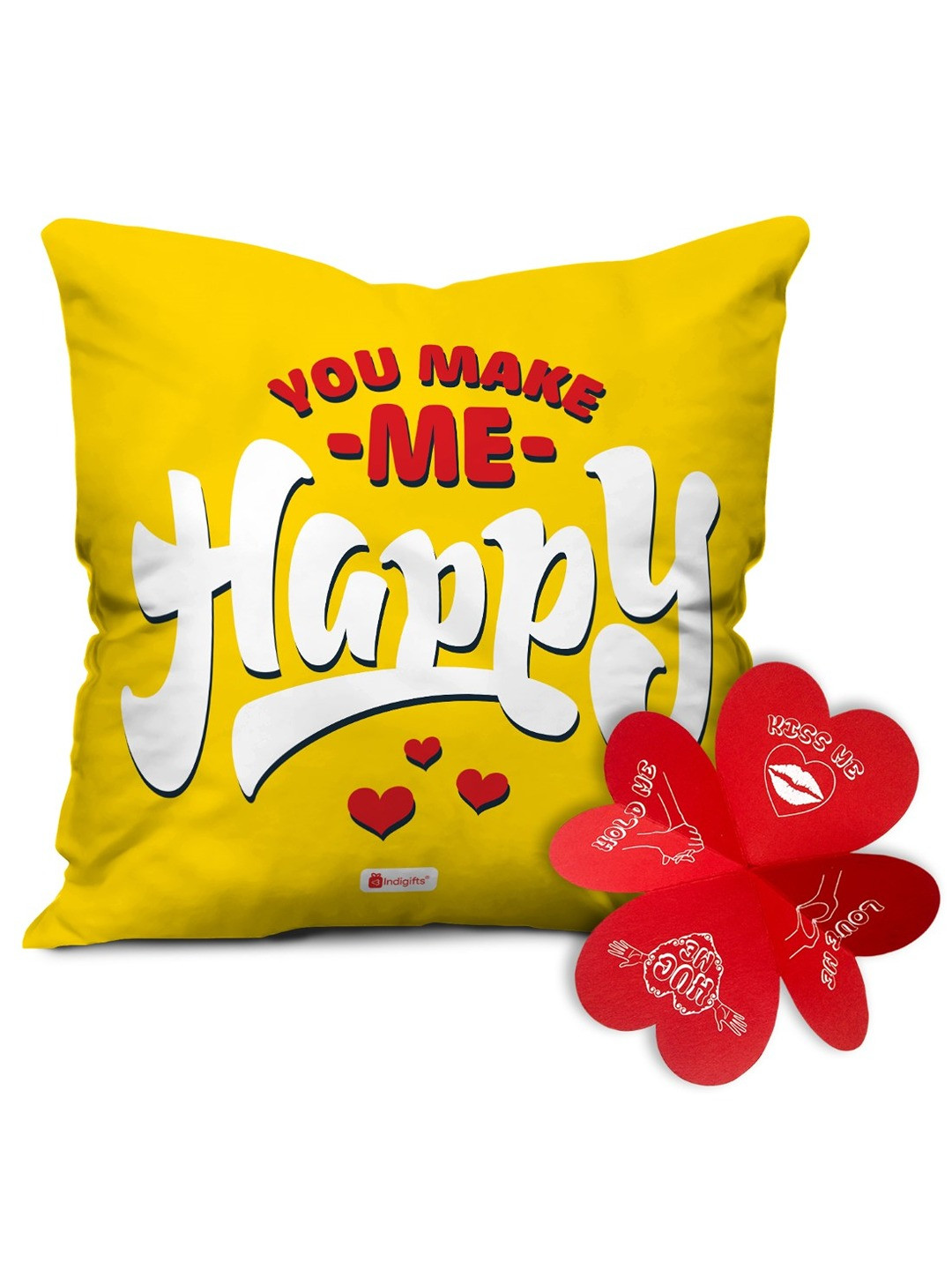 Indigifts Yellow & White Valentine Typography Printed Pre-Filled Cushion With Filler