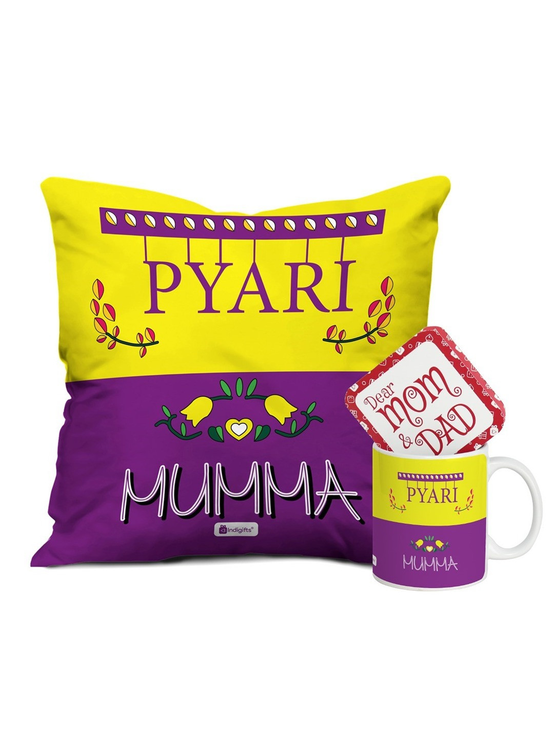 Indigifts Purple & Yellow Printed Cushion Cover with Filler & Coffee Mug Gift Set