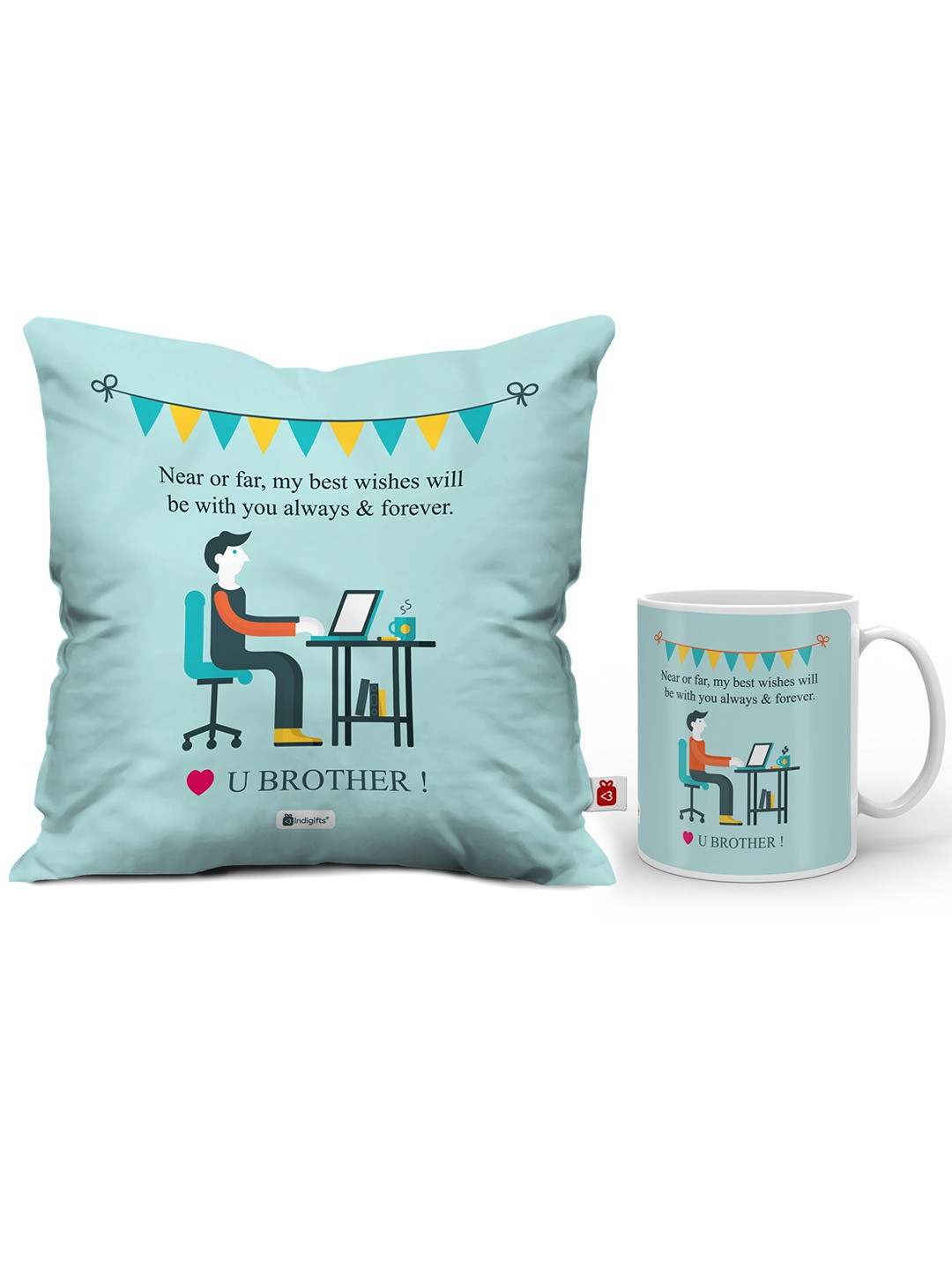 Indigifts Blue Printed Cushion Cover with Filler & Coffee Mug Gift Set