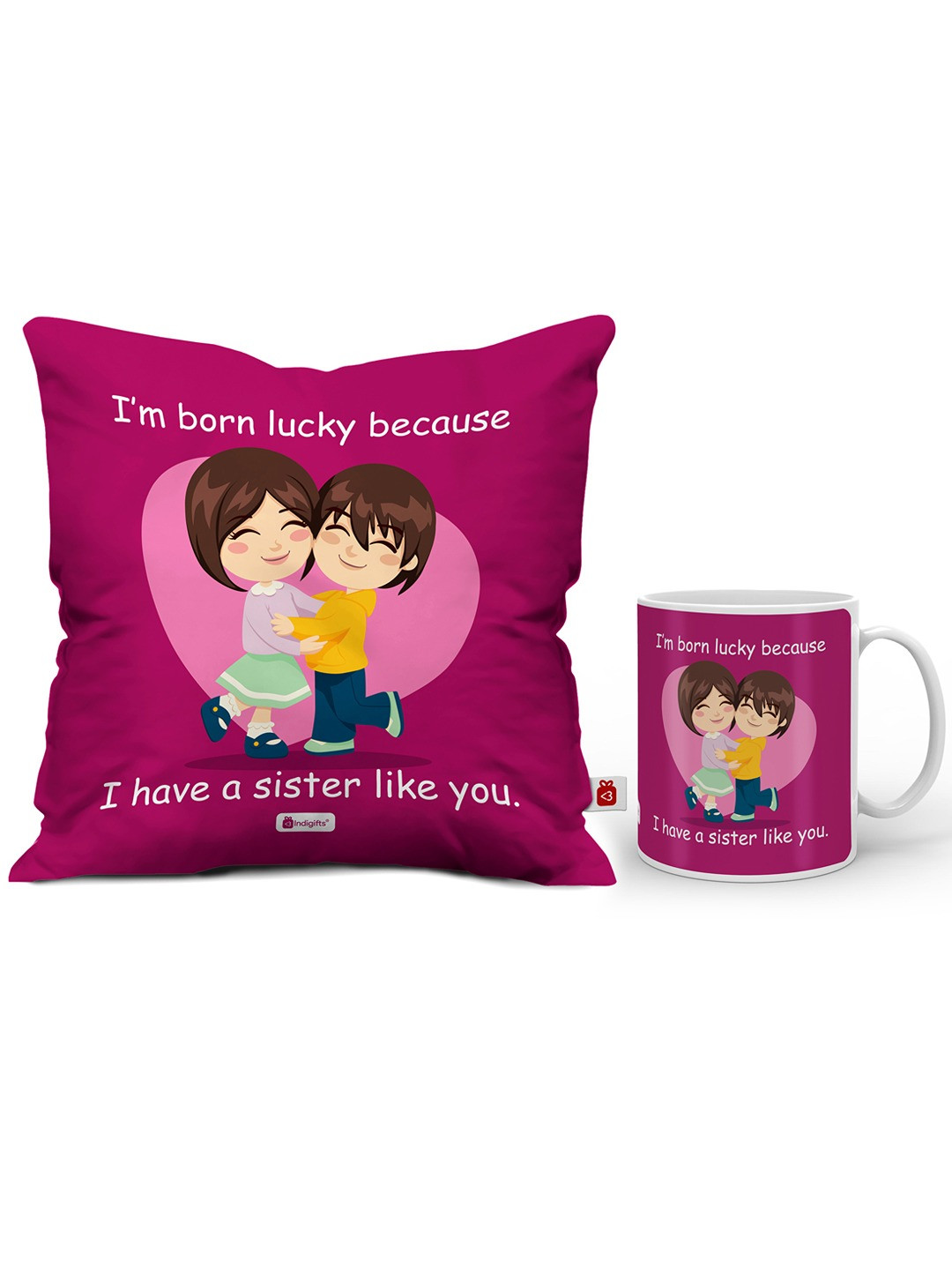 Indigifts Magenta Set Of Printed Square Cushions With Fillers & Ceramic Mug