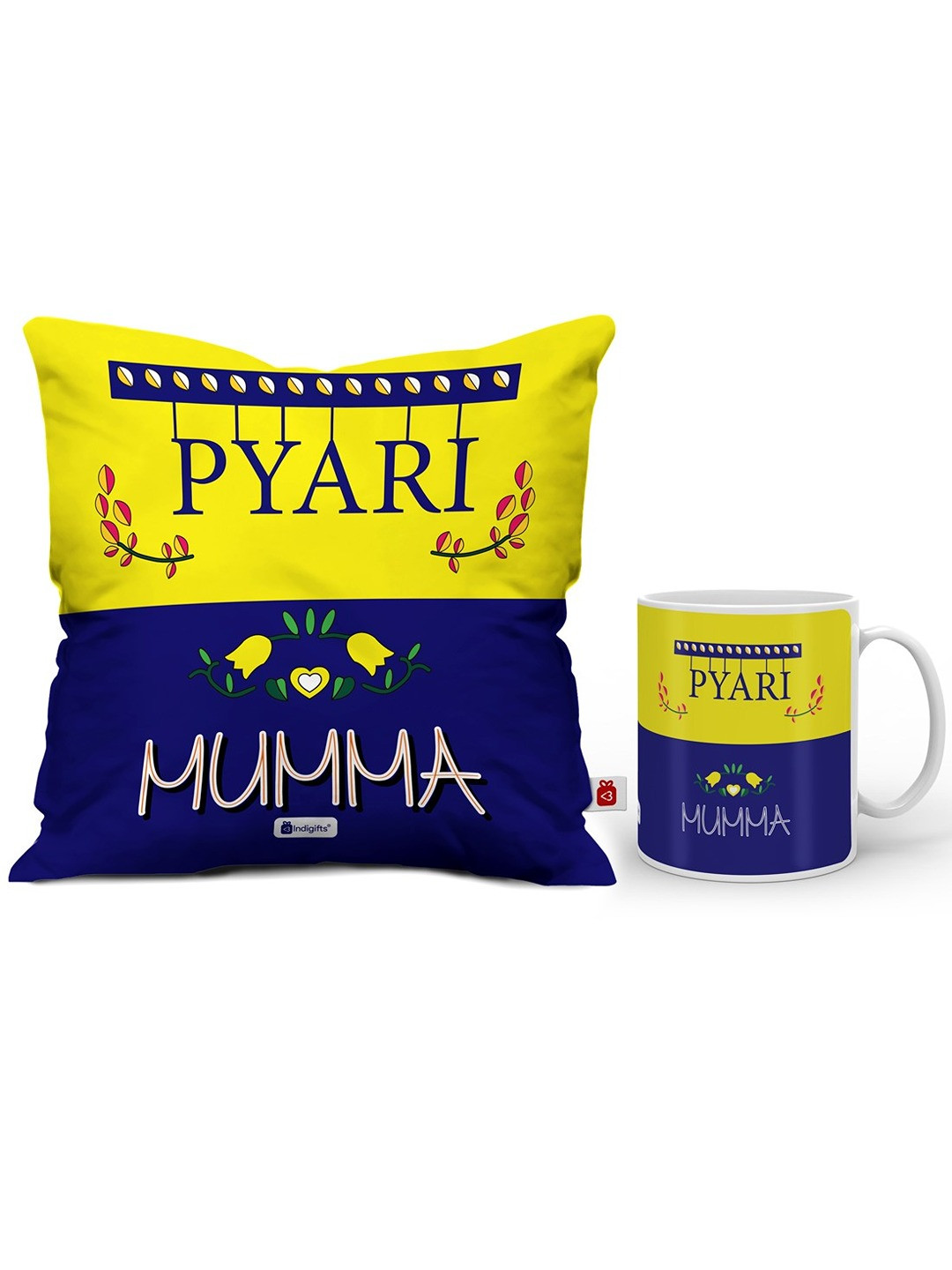 Indigifts Yellow & Blue Printed Square Cushions With Fillers & Ceramic Mug