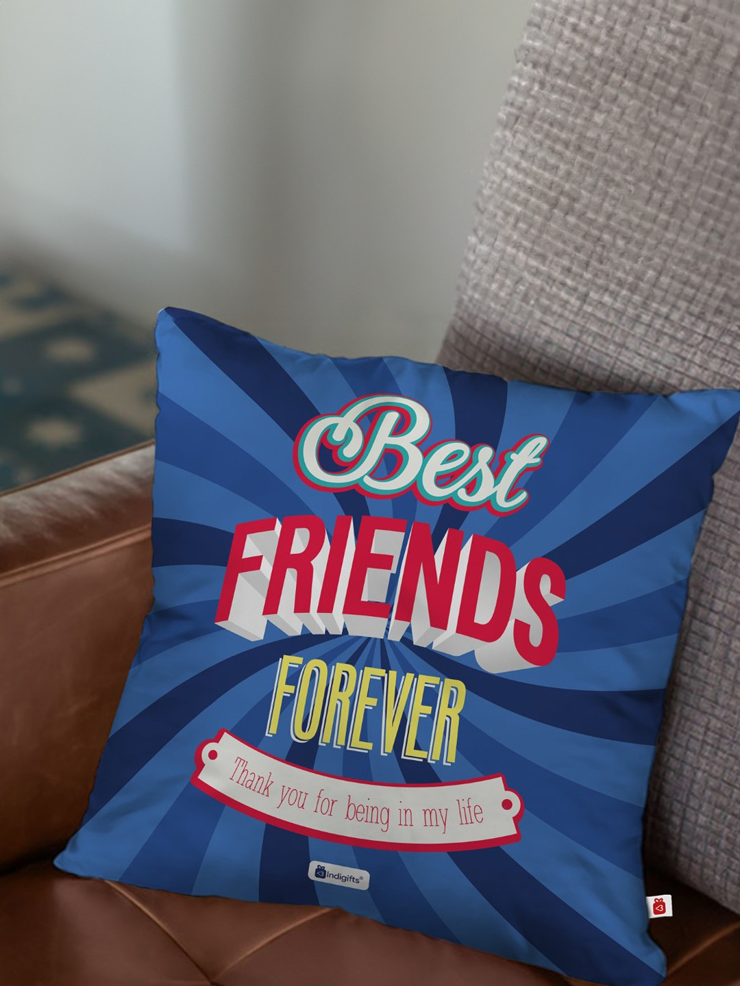 Indigifts Blue Best Friends Forever Printed Sweat-Proof Filled Satin Cushion