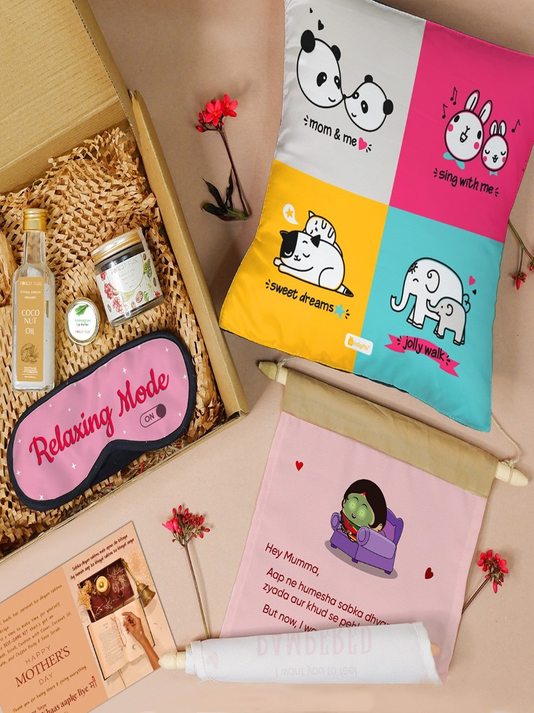 Indigifts Red & Blue 6 Pieces Printed Gift for Mother Useful Gift Hamper