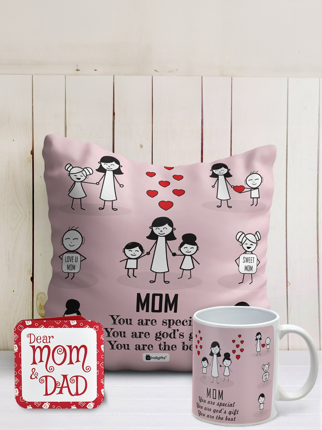 Indigifts Pink Printed Square Cushions With Fillers & Ceramic Mug
