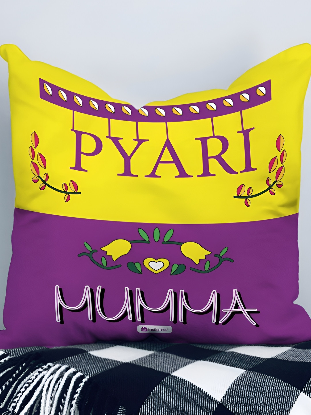 Indigifts Purple & Yellow Printed Fiber Pre-Filled Cushion