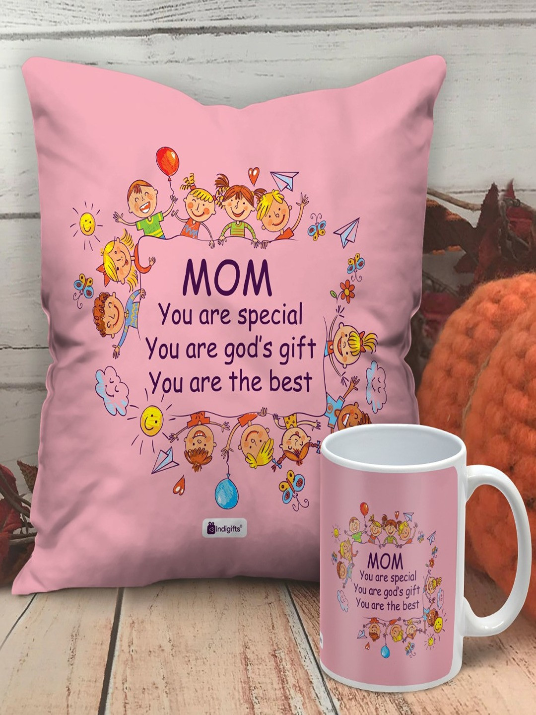 Indigifts Pink Printed Cushion Cover with Filler & Coffee Mug Gift Set