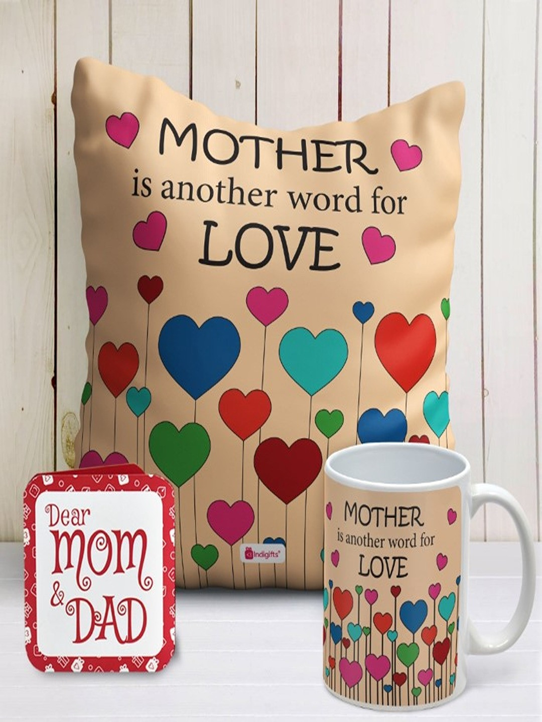 Indigifts Peach-Coloured Set Of Printed Square Cushions With Fillers & Ceramic Mug