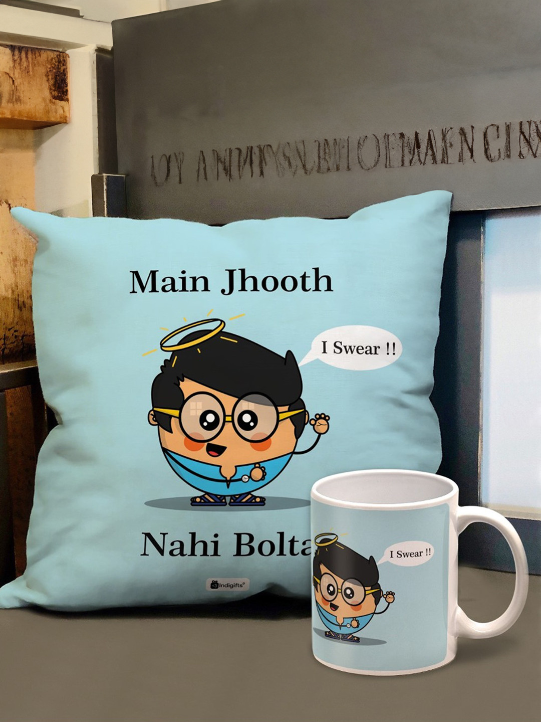 Indigifts Blue Set Of Printed Square Cushions With Fillers & Ceramic Mug