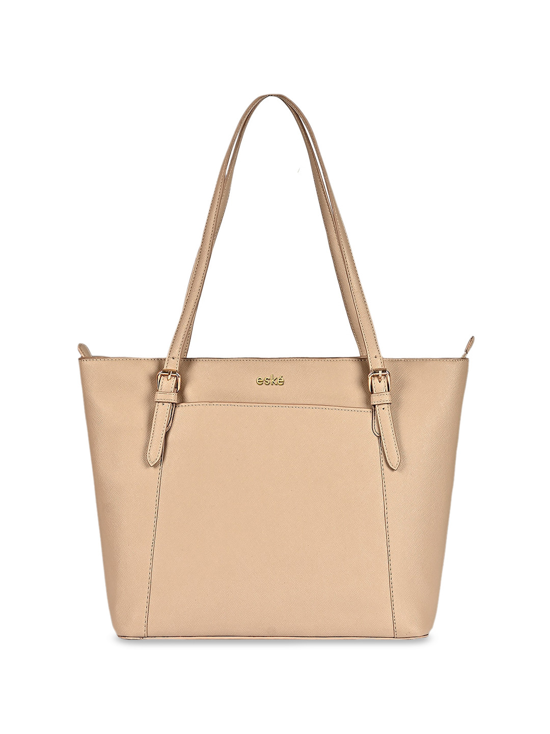 eske Women Beige Textured Spacious Compartment Fits 13 inch Laptop Leather Tote Bag