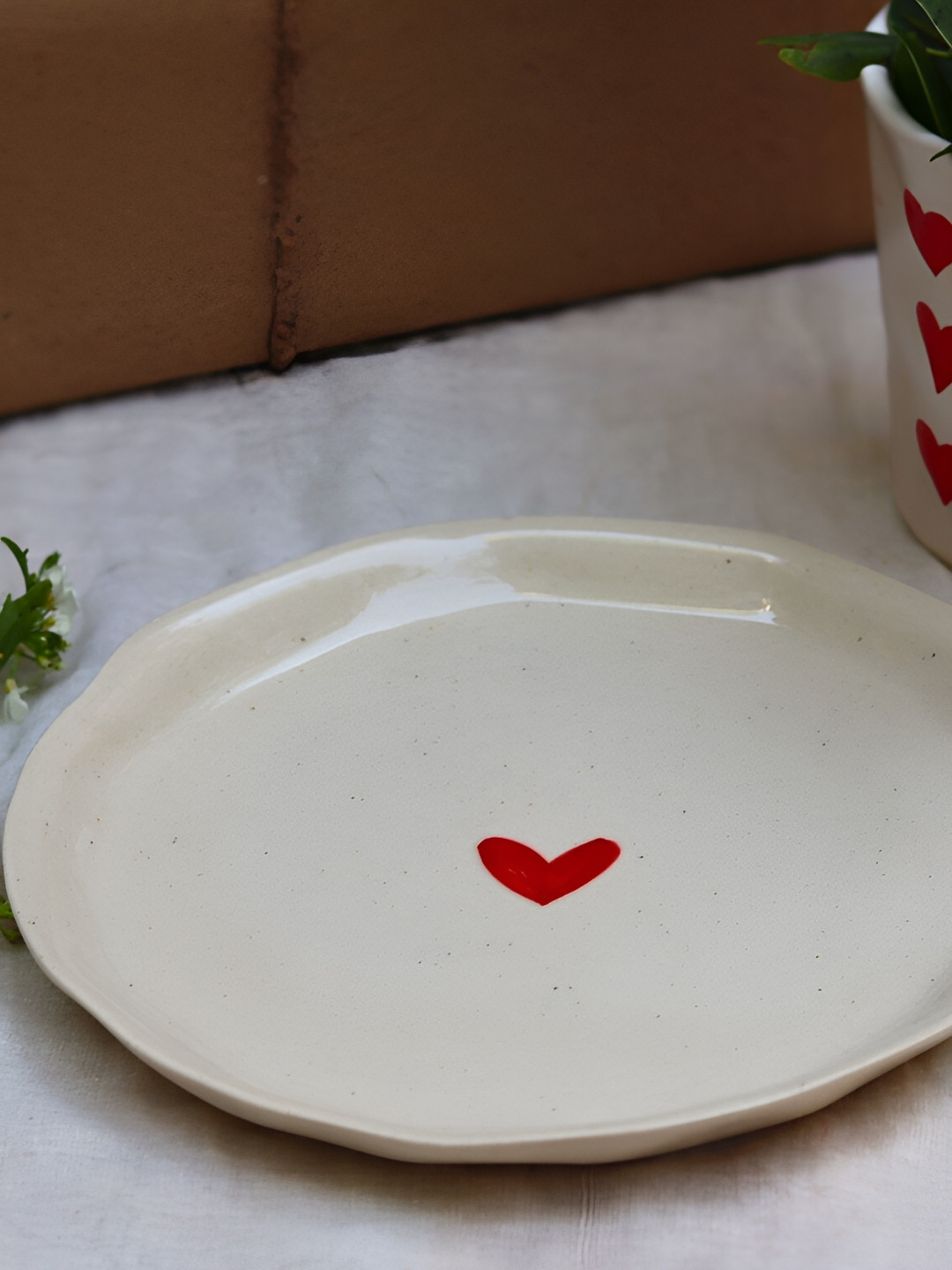 WEAVING HOMES White & Red 2 Pieces Printed Microwave Safe Glossy Ceramic Plates