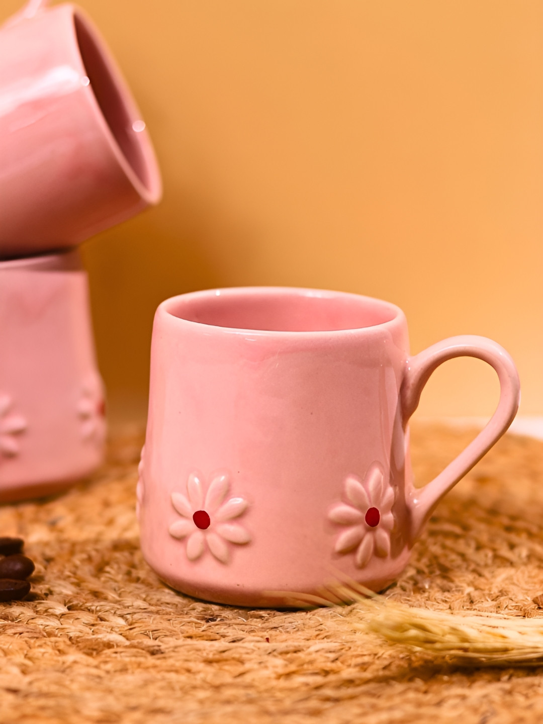 WEAVING HOMES Manav Name Personalised Pink Floral Ceramic Handmade 3 Piece Mugs-200ml