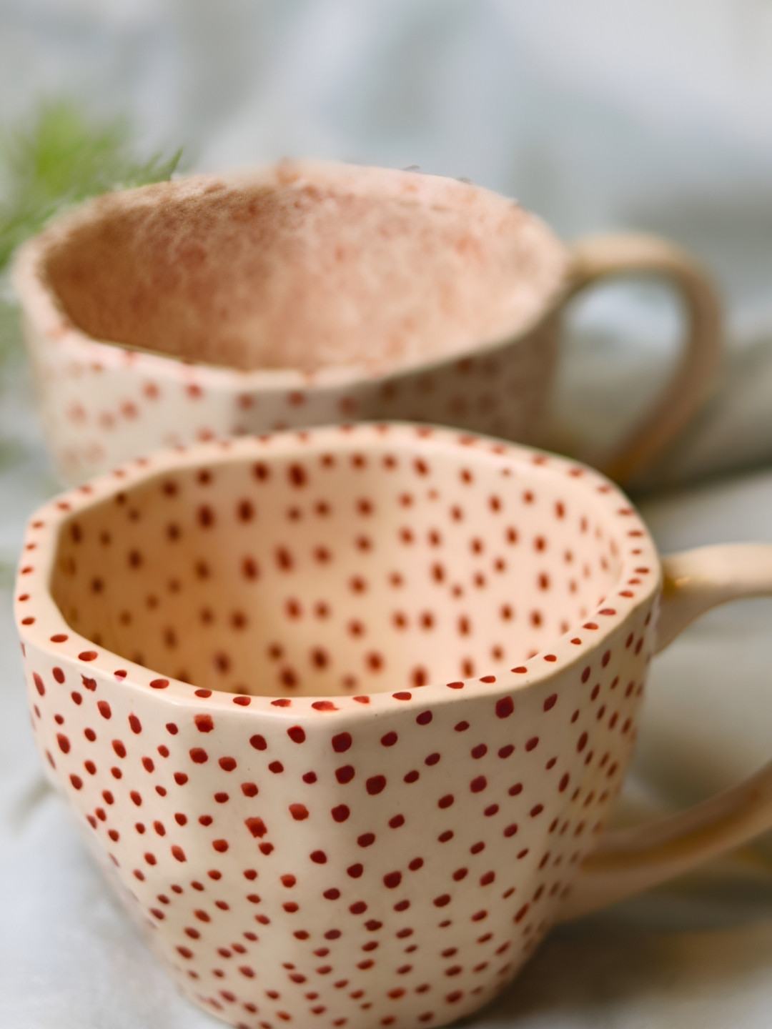 WEAVING HOMES Peach Polka Dots Ceramic Handmade 2 Piece Mugs-200ml