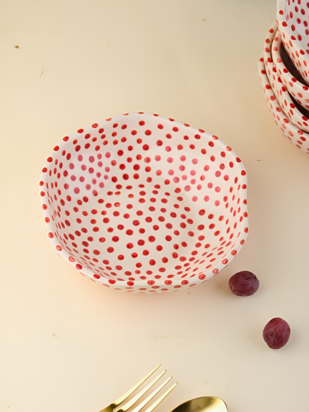 WEAVING HOMES White & Red Printed Ceramic Glossy Bowl