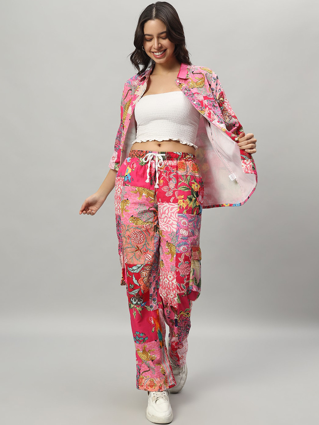 HANDICRAFT PALACE Printed  Cotton Collar Neck Oversized Shirt & Baggy Trousers Co-Ords