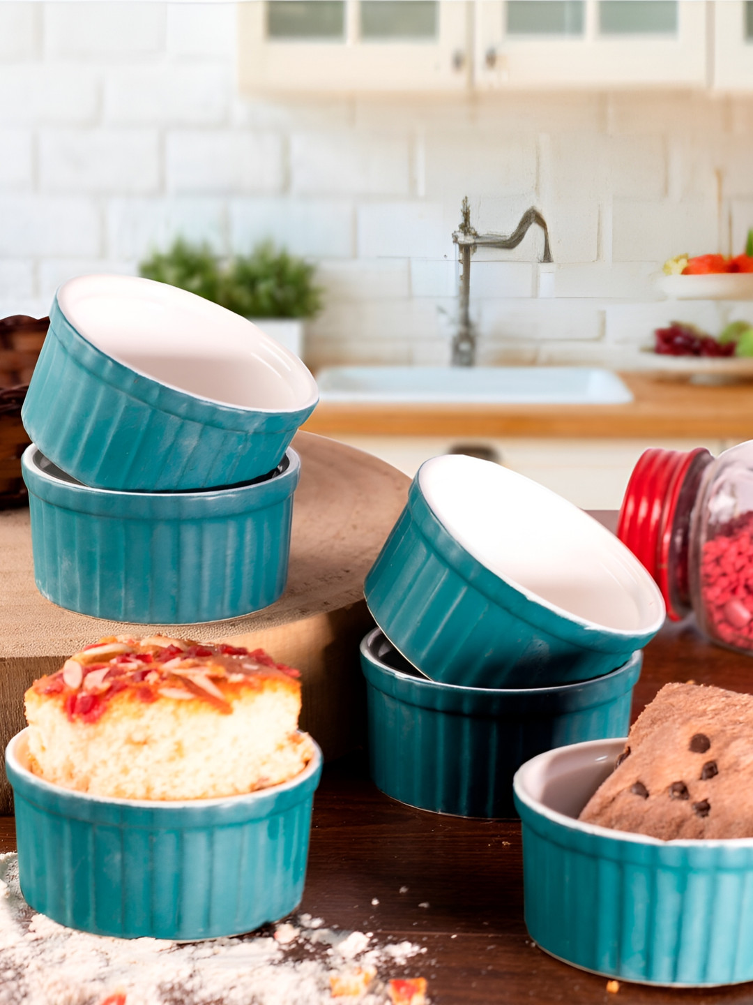 Ceramic Ramekin Bowl/Souffl Dish for Baking and Serving Puddings - Set of 6 (Green)