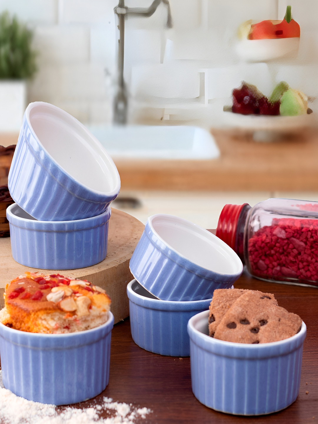 Ceramic Ramekin Bowl/Souffl Dish for Baking and Serving Puddings - Set of 6 (Blue)