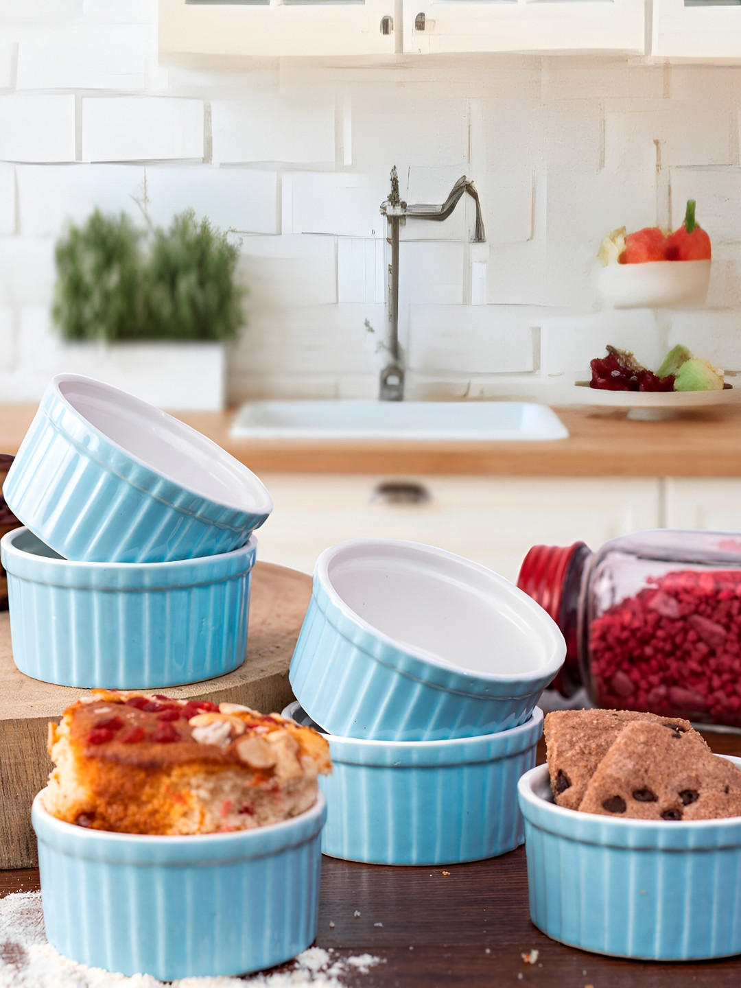 Ceramic Ramekin Bowl/Souffl Dish for Baking and Serving Puddings - Set of 6 (Light Blue)