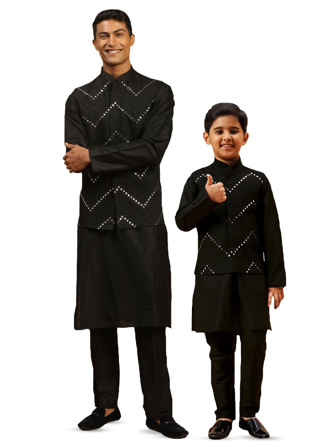 VASTRAMAY Mandarin Collar Long Sleeves Mirror Work Straight Kurta And Pyjamas With Jacket