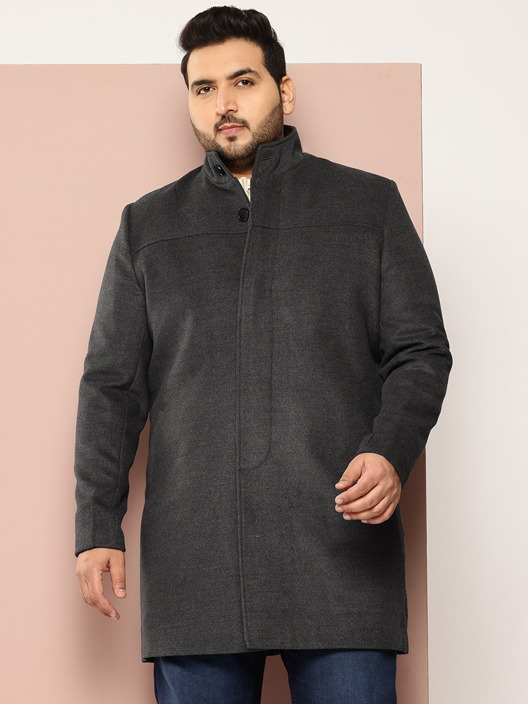 Sztori Plus Size Band Collar Single-Breasted Coat