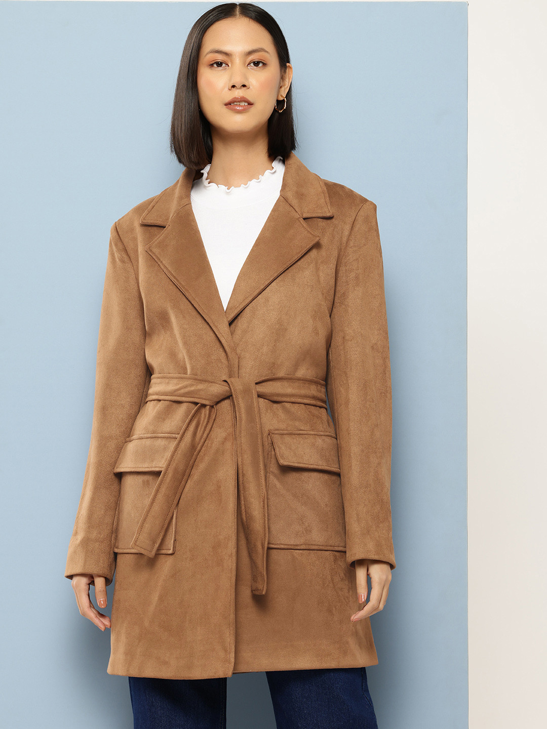 Chemistry Notched Lapel Collar Longline Overcoat With Tie-Up Detail