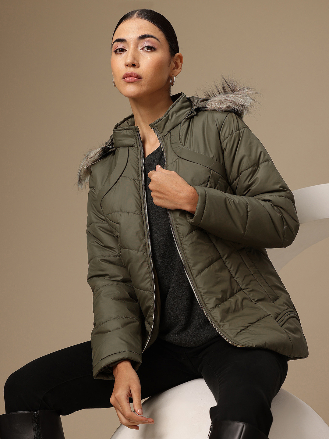 Chemistry Detachable Hood with Faux Fur Trim Padded Jacket