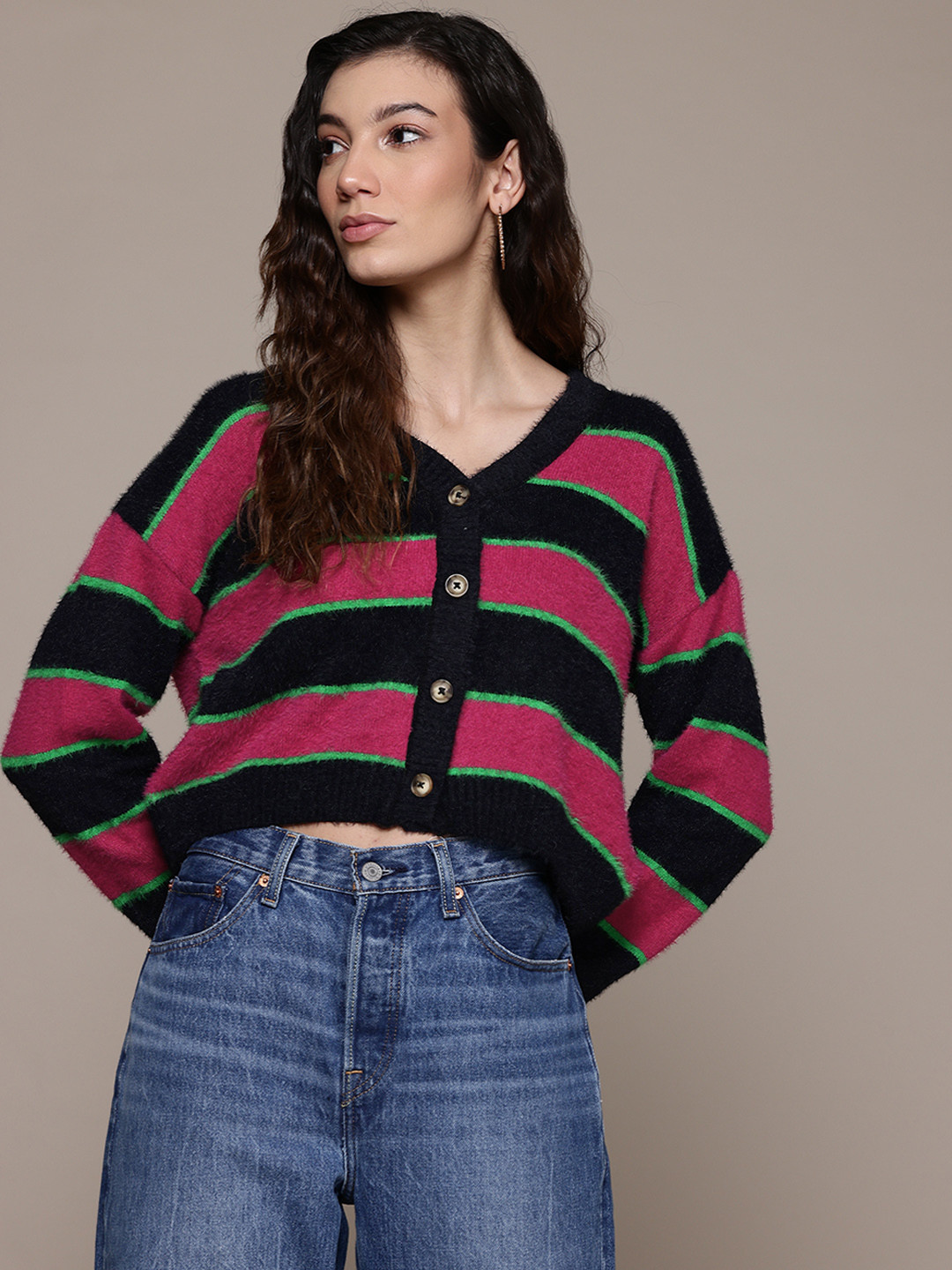 The Roadster Lifestyle Co. Striped Fuzzy Drop-Shoulder Cardigan