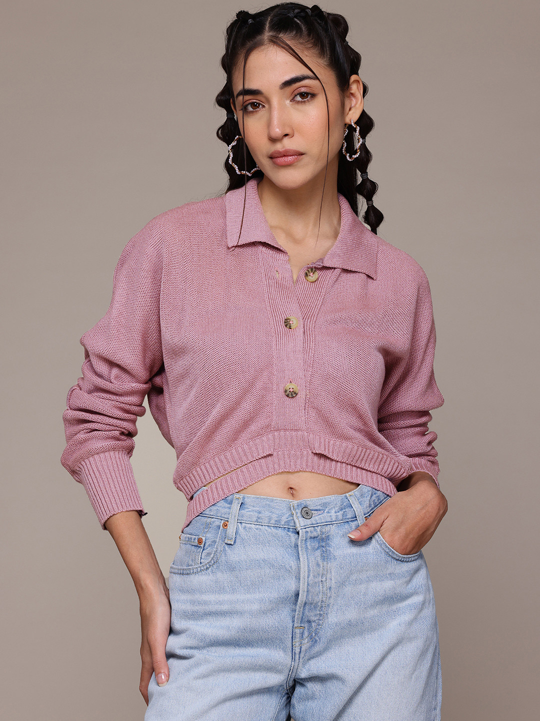 The Roadster Lifestyle Co. Shirt Collar Cut-Out Design Acrylic Cardigan