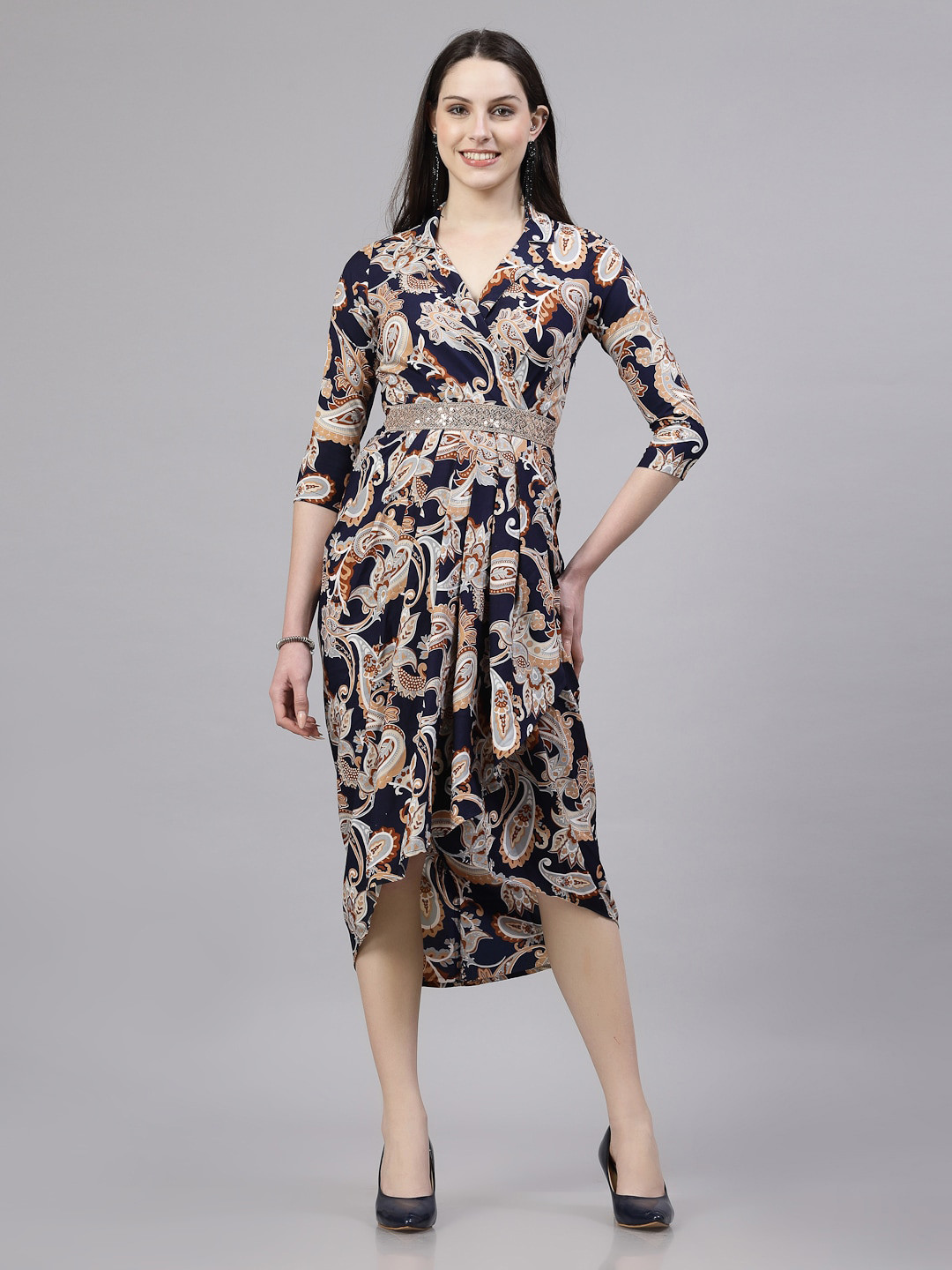 aayu Floral Print Shirt Collar Wrap Midi Dress