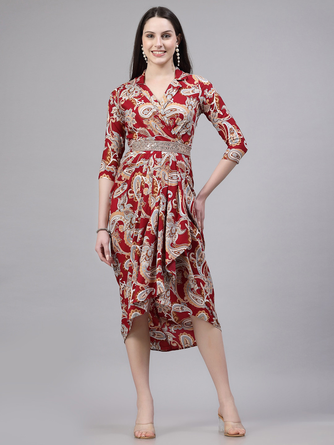 aayu Floral Print Shirt Collar Midi Dress