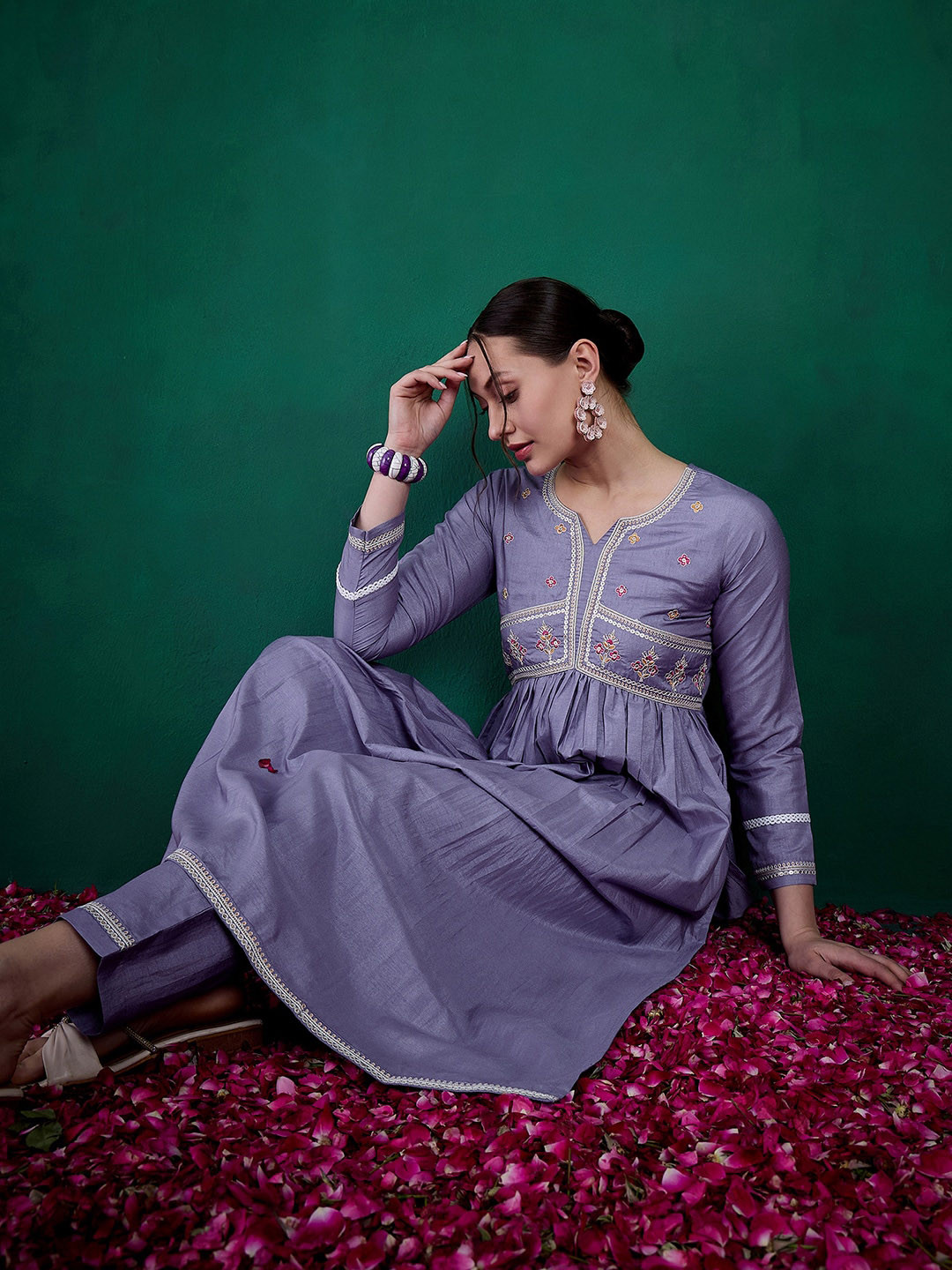 Sangria Zari Sequence Embroidered Alia Cut Kurta With Trousers