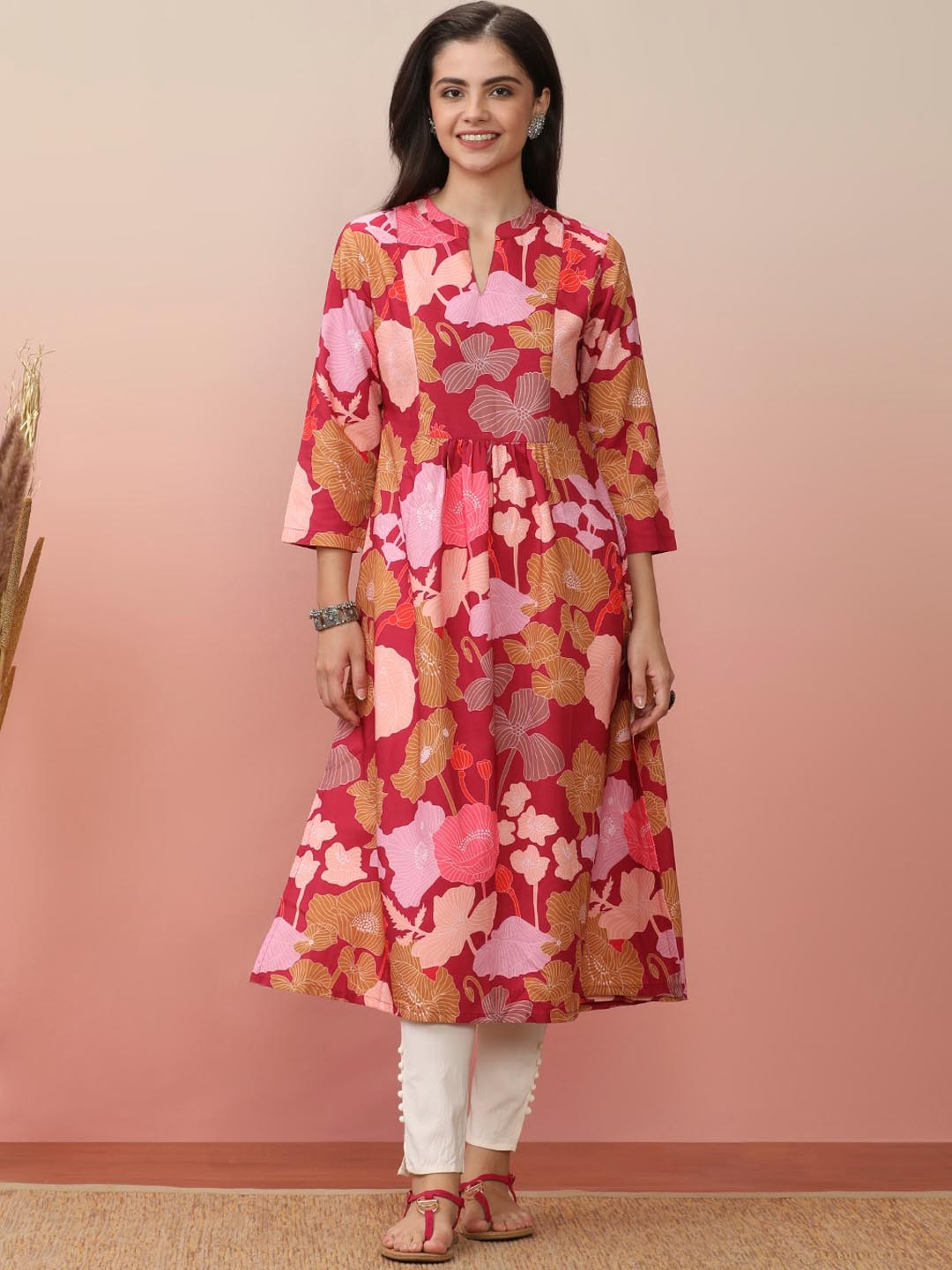 Varanga Burgundy Floral Printed Pleated A-Line Kurta