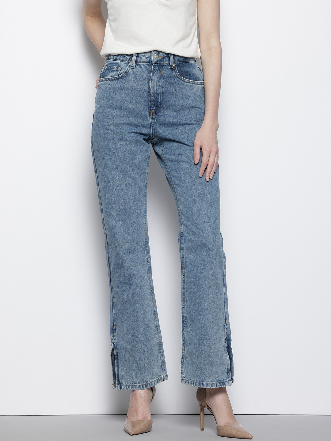 NA-KD Women Pure Cotton Wide Leg Slit Hem High-Rise Jeans