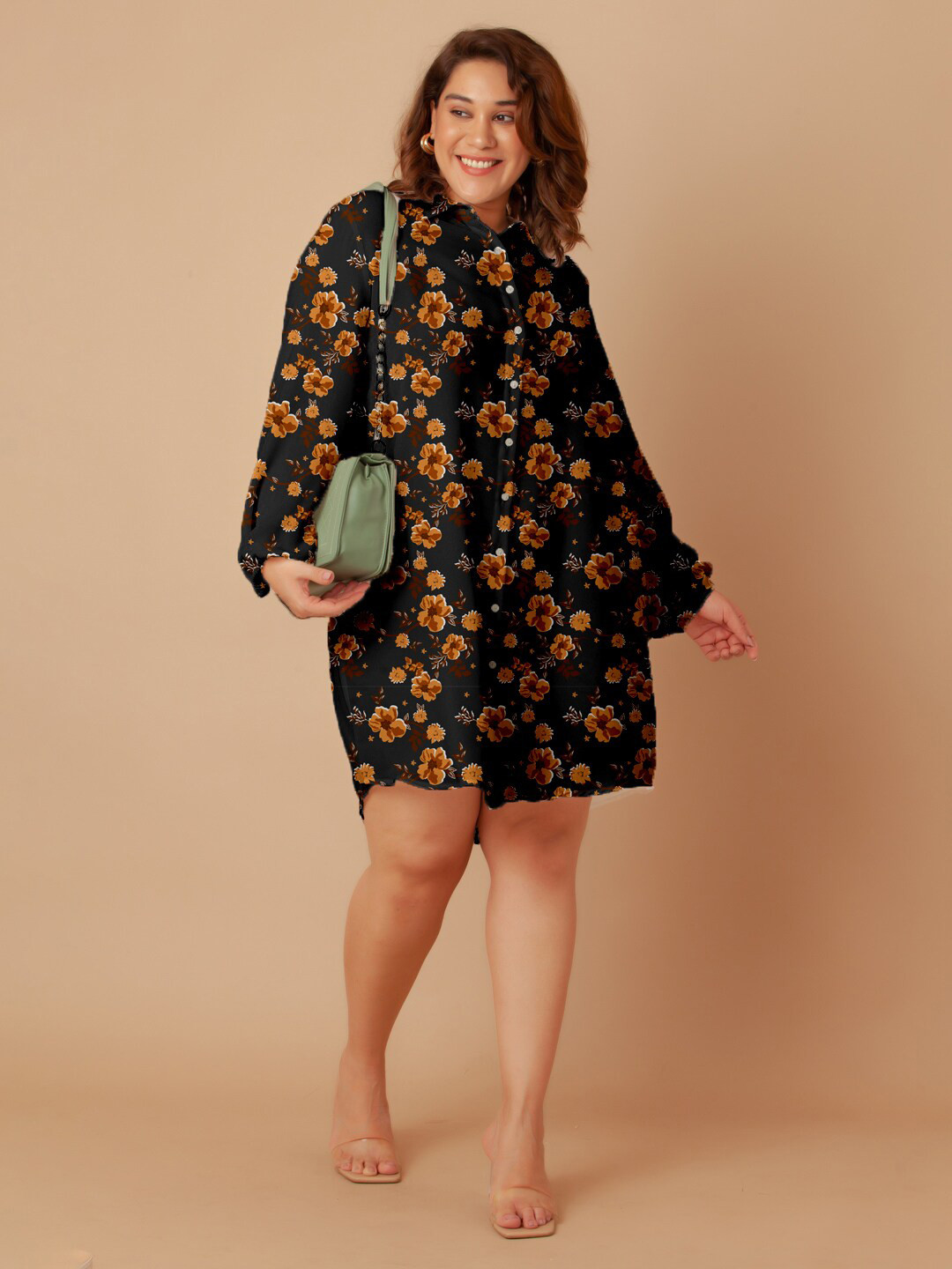 Zink Curve Spread Collar Long Puff Sleeves Floral Printed Casual Oversized Plus Size Shirt